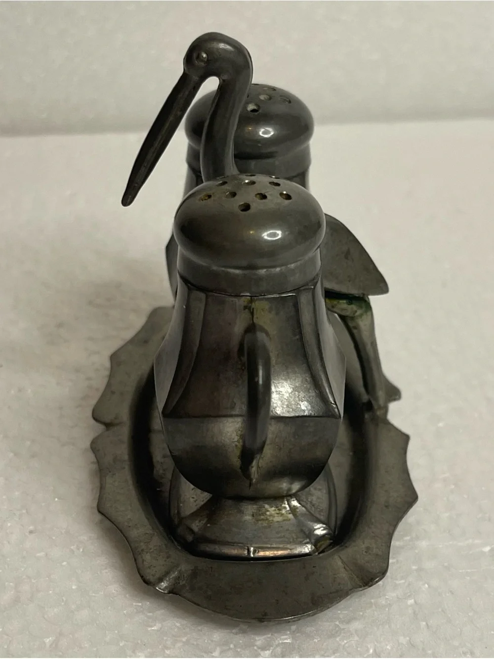 VTG Old Colonial Genuine Pewter Salt And Pepper Shakers Tray Stork Crane Handle